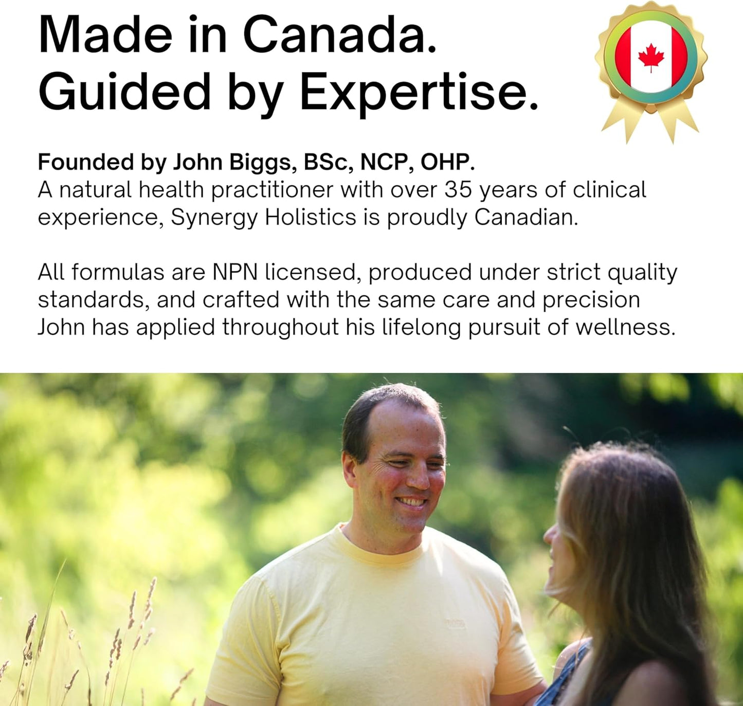 Man and woman standing outdoors with promotional text about Synergy Holistics and John Biggs' expertise.