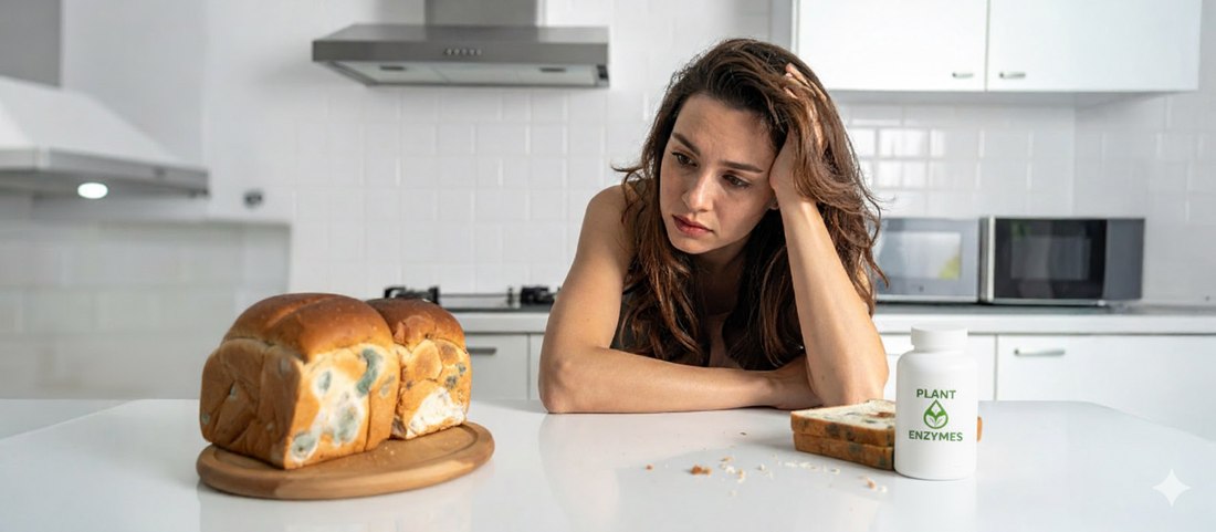 Concerned woman staring at mouldy bread on her kitchen counter, symbolizing hidden mould exposure in foods and supplements.