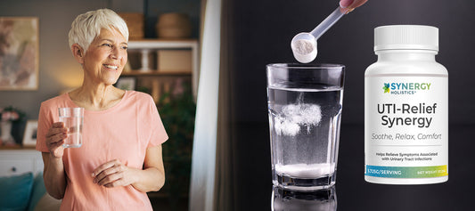 Woman drinking water beside UTI Relief Synergy supplement mixed in a glass to support urinary tract health
