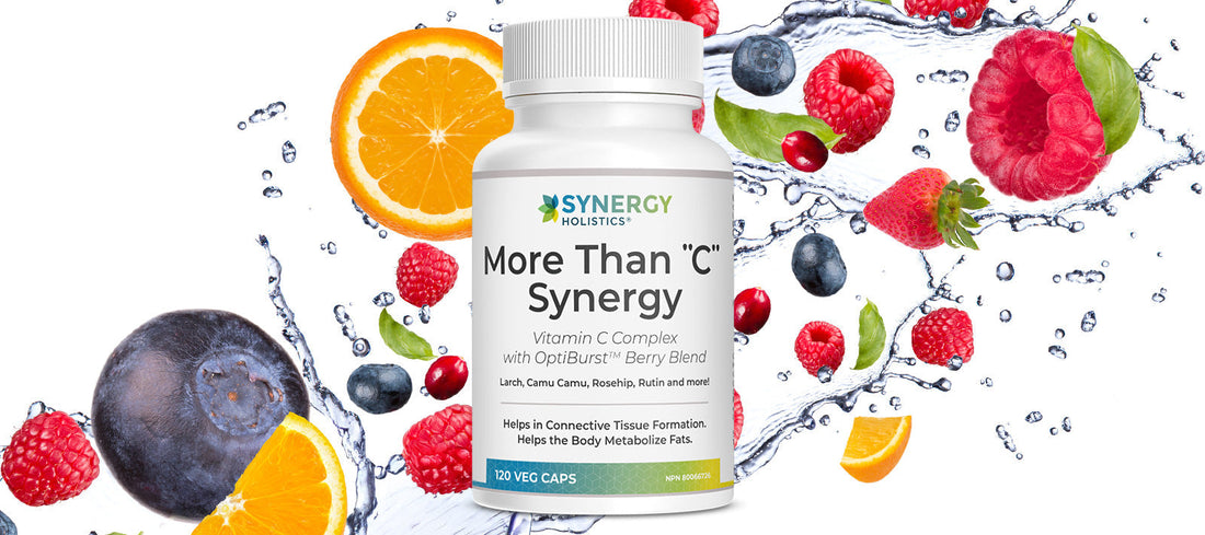 Synergy Holistics More Than “C” Synergy vitamin C complex with citrus and berry blend shown against a fresh water splash background.