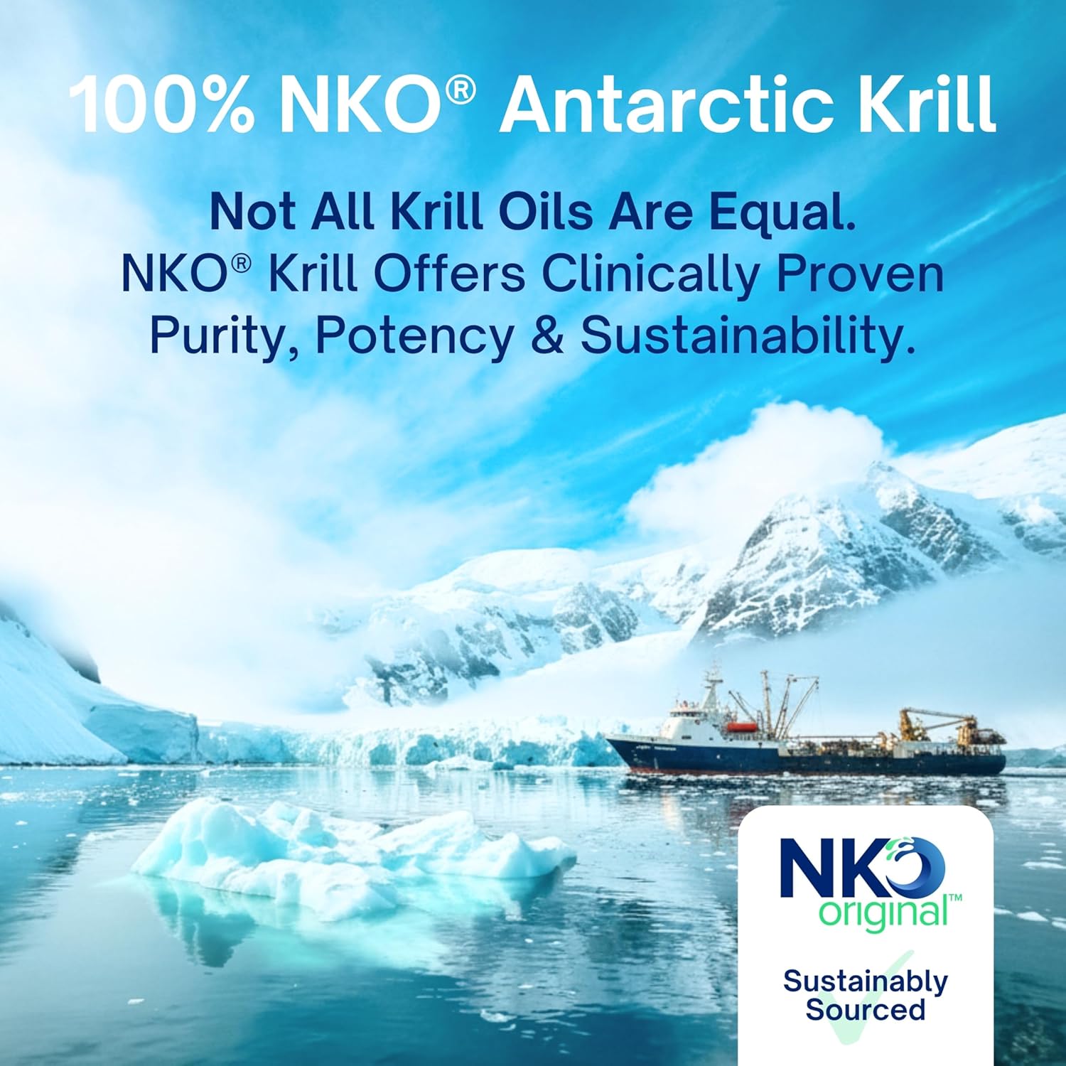 Advertisement for 100% NKO Antarctic Krill with a ship in icy waters and text about purity, potency, and sustainability.