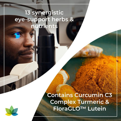 Advertisement for eye-support supplement with man using computer and turmeric powder.