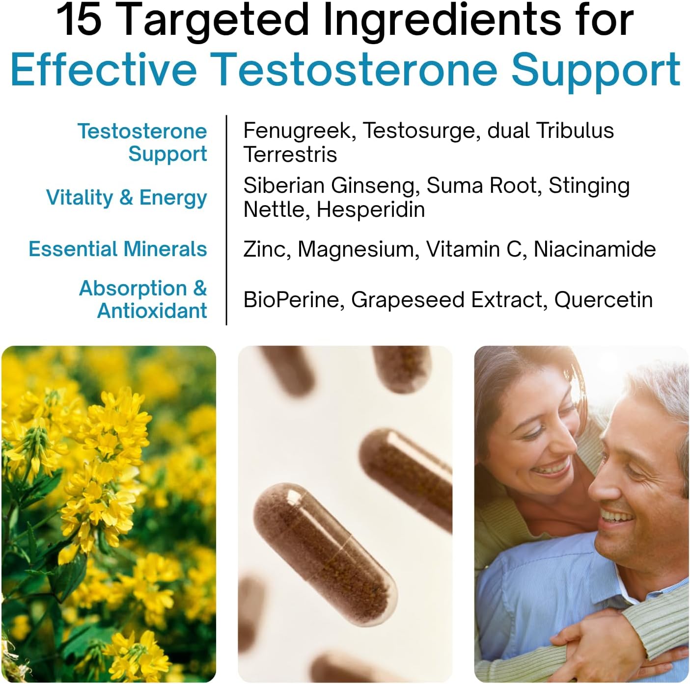 List of targeted ingredients for effective testosterone support with images of a flower, capsules, and a couple.