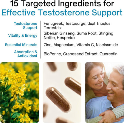 List of targeted ingredients for effective testosterone support with images of a flower, capsules, and a couple.