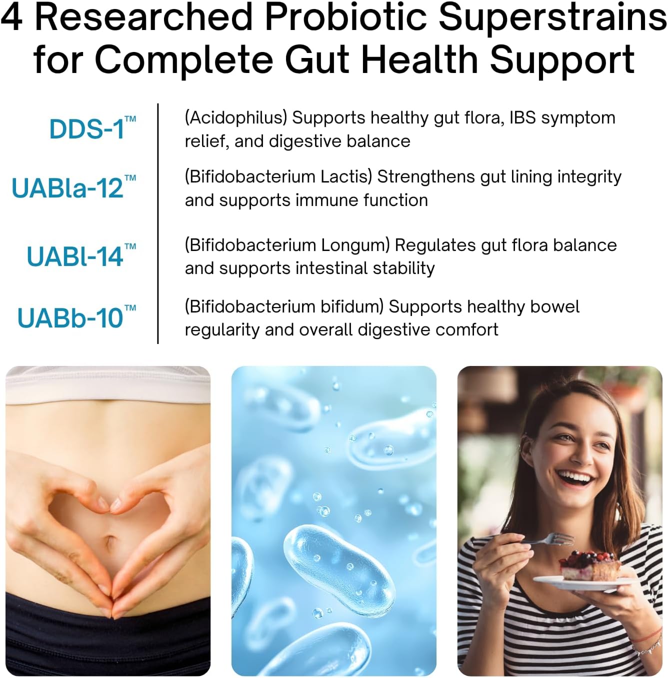 Promotional graphic about probiotic strains for gut health with text and images of a pregnant belly, probiotics, and a woman eating.