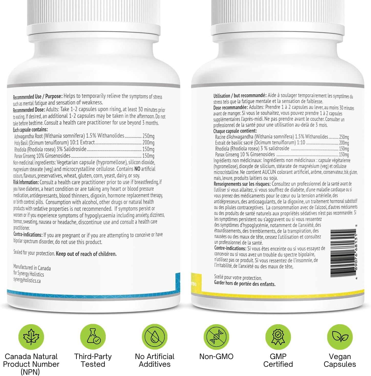 Two supplement bottles with labels and certification icons on a white background