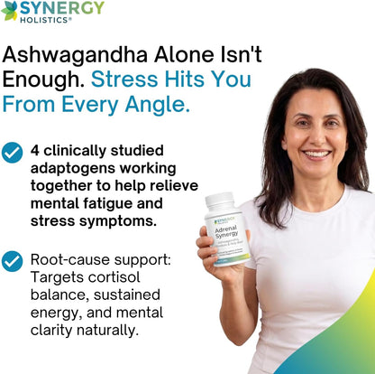 Woman holding a bottle of Adrenal Synergy with text about stress relief and adaptogens.
