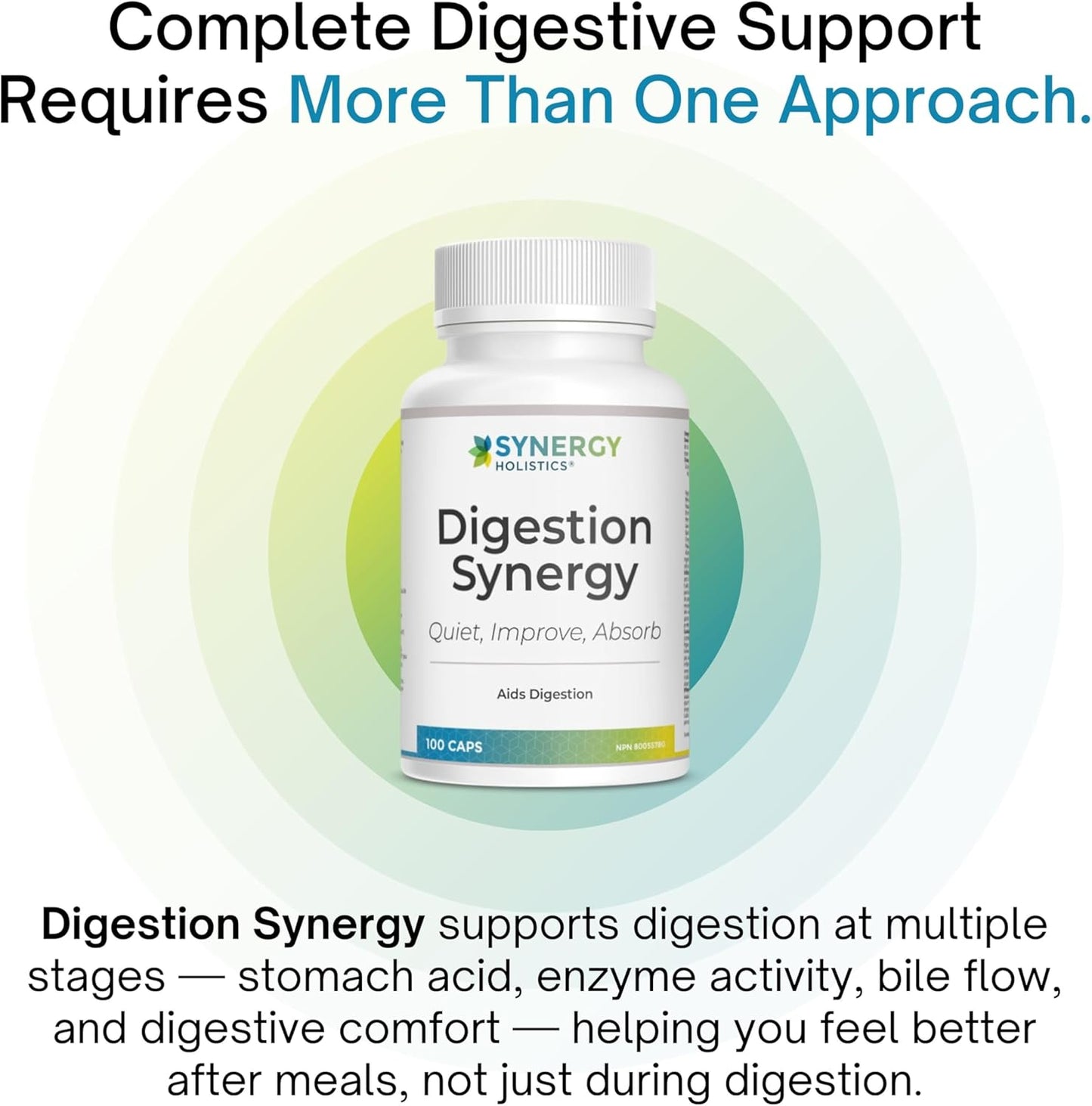 Synergy Holistics Digestion Synergy supplement bottle with text about digestive support on a white background