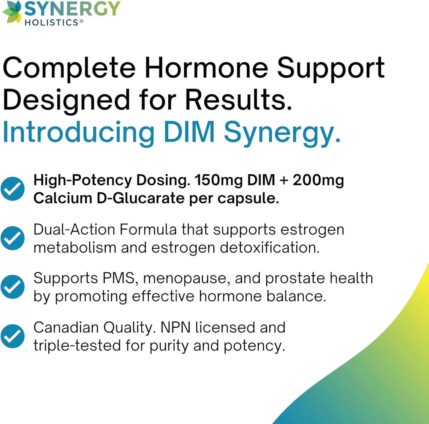 SYNERGY HOLISTICS DIM Synergy supplement with product details on a white background.