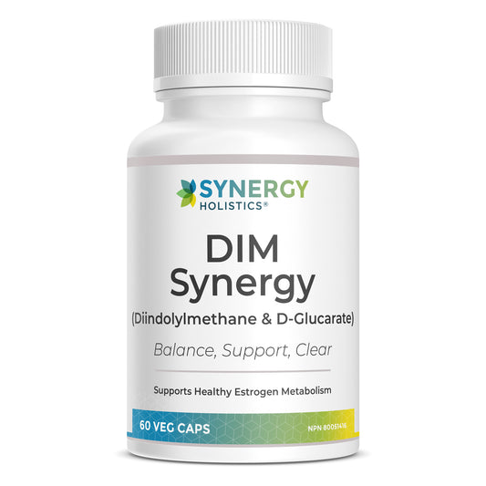 A bottle of DIM Synergy supplement by Synergy Holistics, which is labeled as Diindolymethane & D-Glucarate 60 vegan capsules