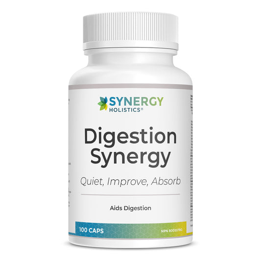 Bottle of Synergy Holistics Digestion Synergy supplement on a white background