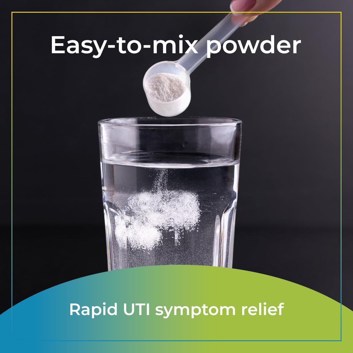 Spoon adding powder to a glass of water with text about easy-to-mix powder and rapid UTI symptom relief.