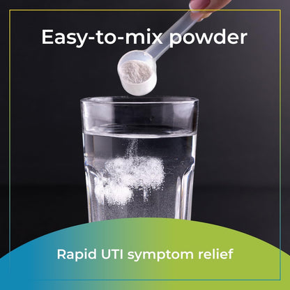 Spoon adding powder to a glass of water with text about easy-to-mix powder and rapid UTI symptom relief.