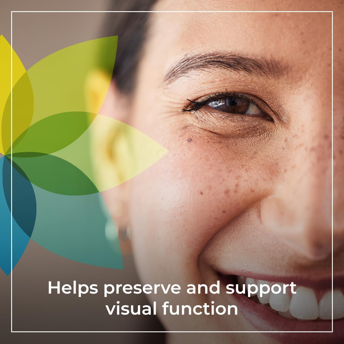 Close-up of a person's eye with colorful leaf graphics and text about visual function preservation.
