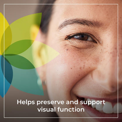 Close-up of a person's eye with colorful leaf graphics and text about visual function preservation.
