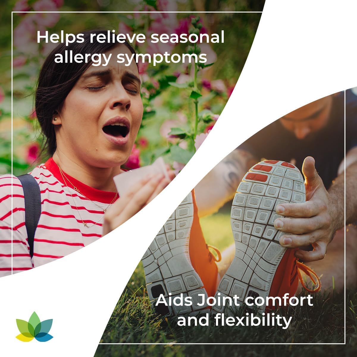Person with seasonal allergies reacting to pollen, with text about relief from symptoms and joint comfort.
