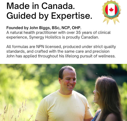 Man and woman standing outdoors with promotional text about Synergy Holistics and John Biggs' expertise.