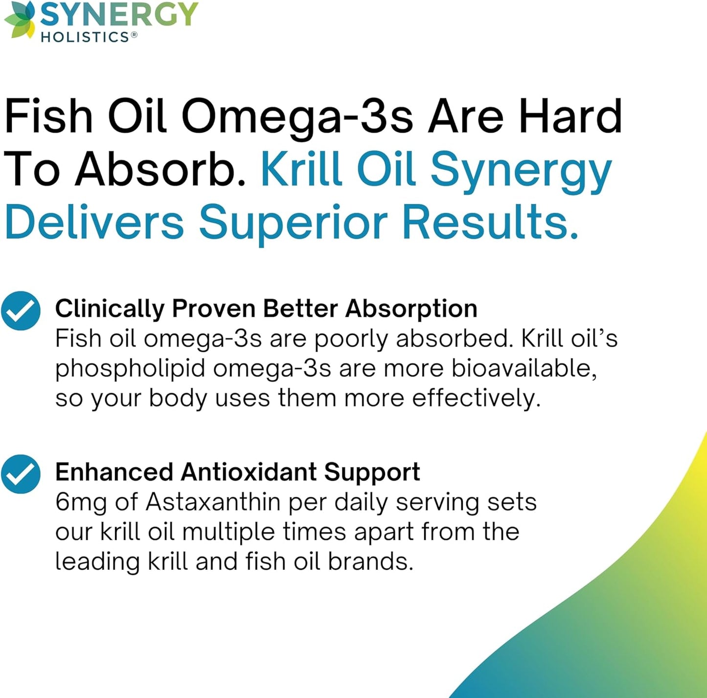 Advertisement for Synergy Holistics Krill Oil Synergy with text about better absorption and antioxidant support.