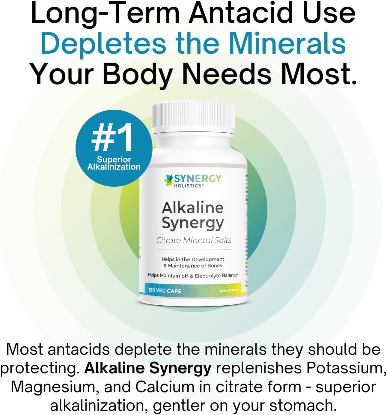 Alkaline Synergy supplement bottle with text about long-term antacid use and mineral depletion.