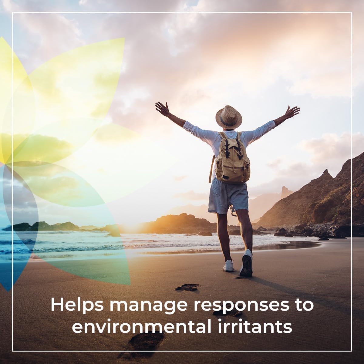 Person standing on a beach with arms outstretched, text about managing responses to environmental irritants.