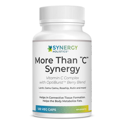 Bottle of 'More Than C Synergy' supplement by Synergy Holistics on a white background