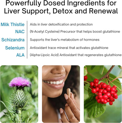 Product advertisement for liver support with images of milk thistle, a woman's hand, and berries.