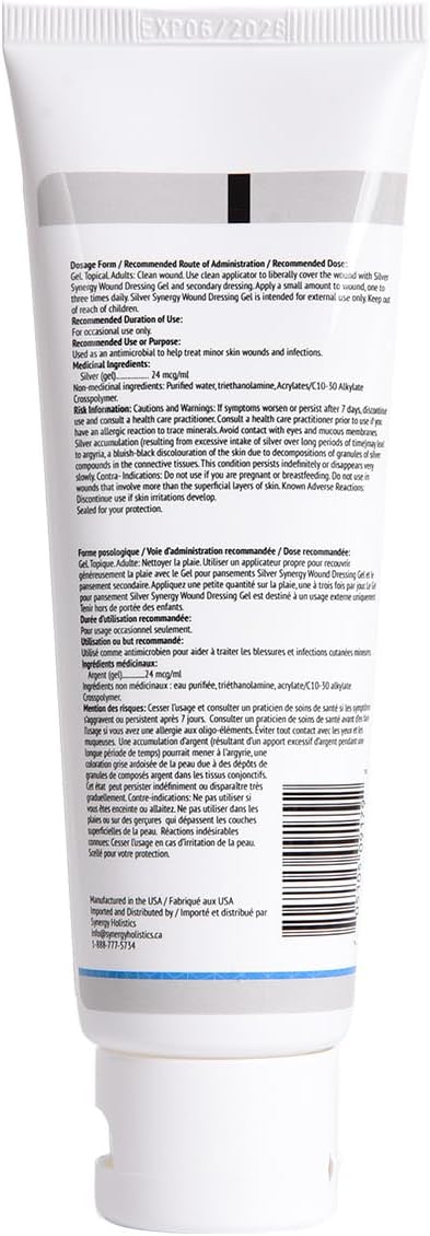 Tube of Silver Synergy wound dressing gel ingredient abel on a white background