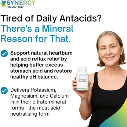 Woman holding a supplement bottle with text about antacids and mineral support on a white background.