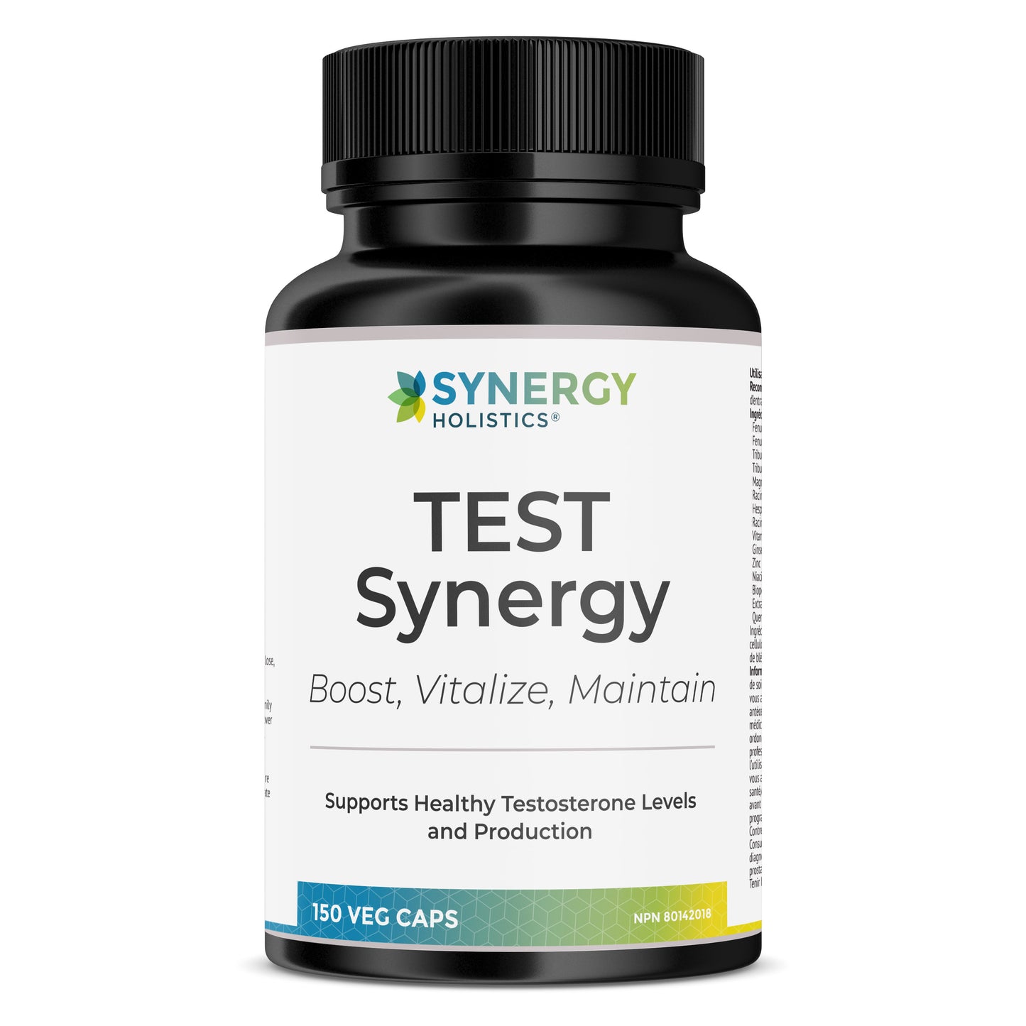 Bottle of Synergy Holistics Test Synergy supplement on a white background