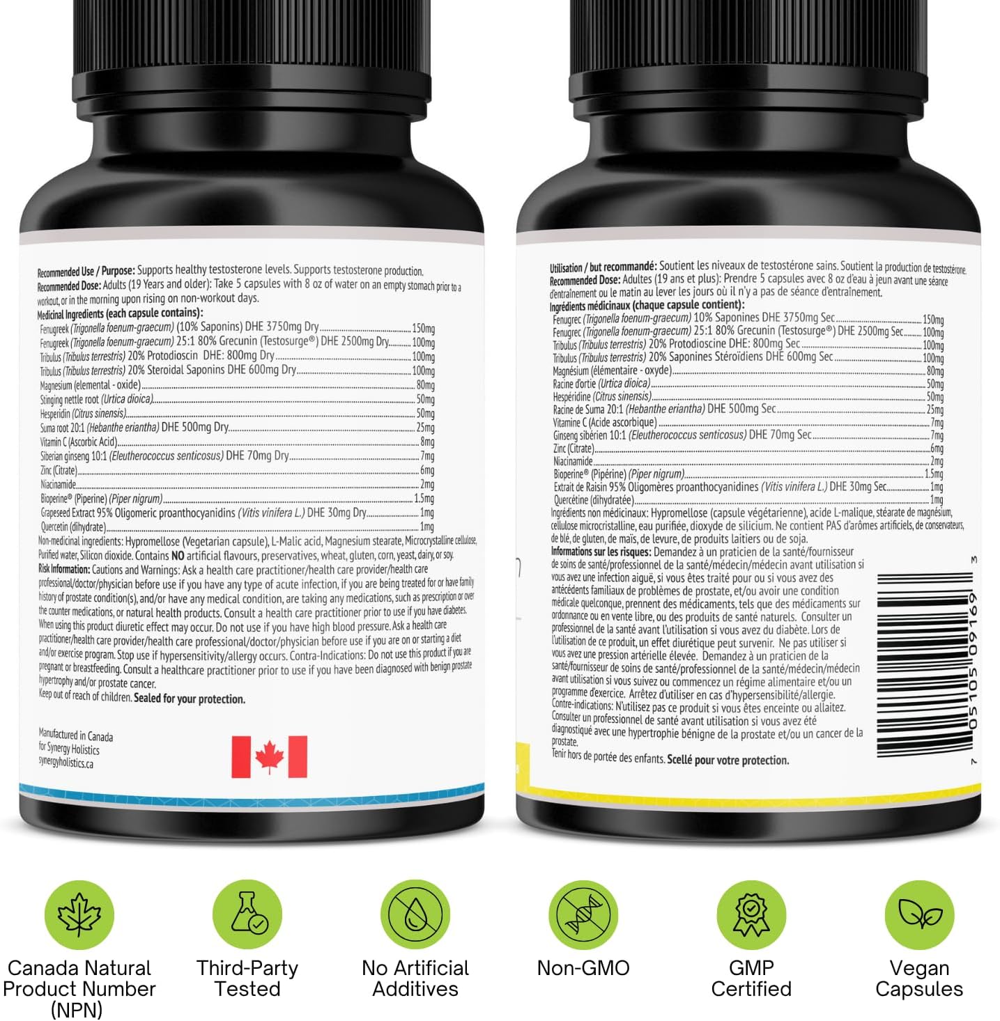 Two supplement bottles with labels showing text and certification logos on a white background.