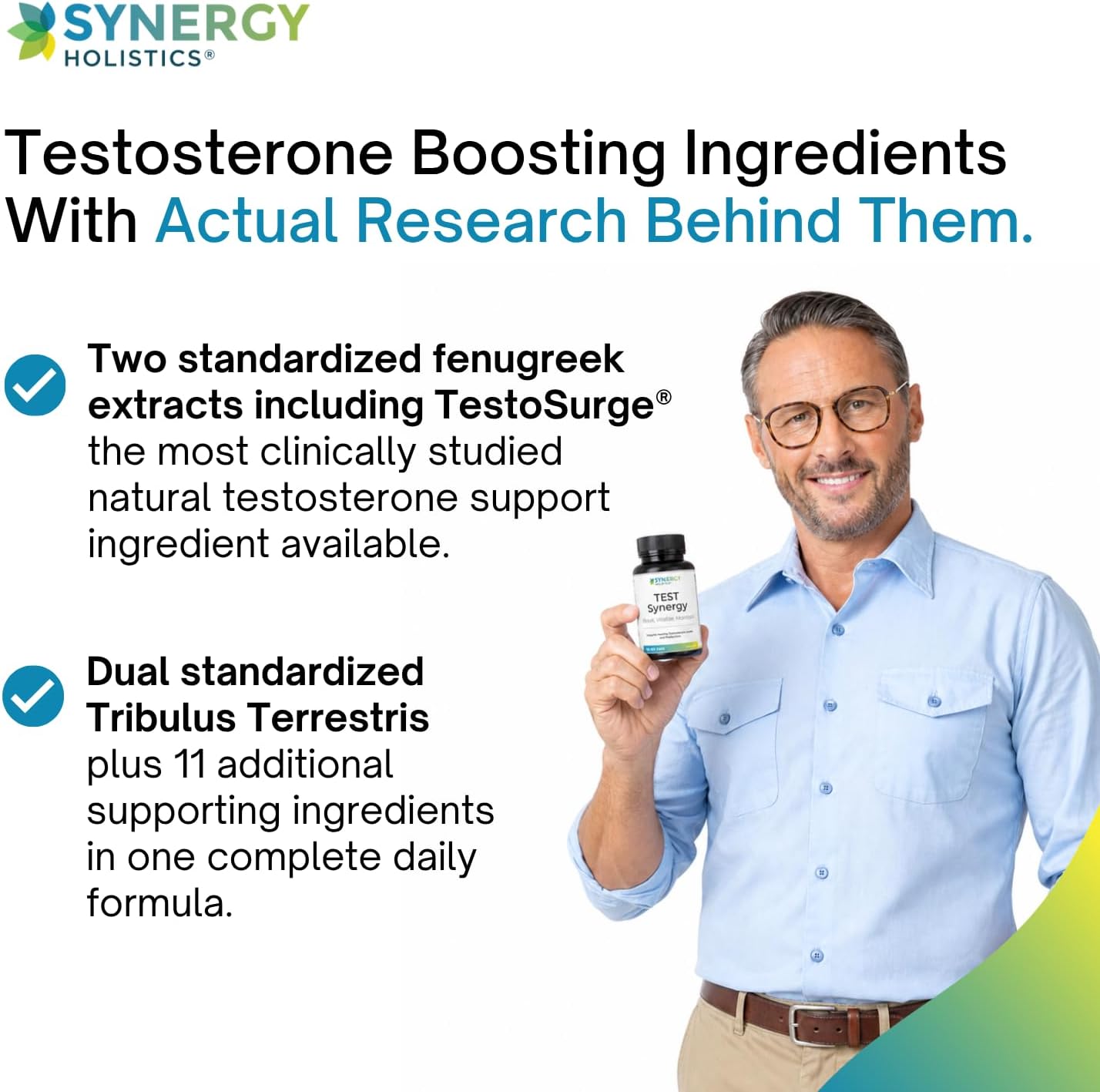 Man holding a supplement bottle with text about Synergy Holistics testosterone boosting ingredients.