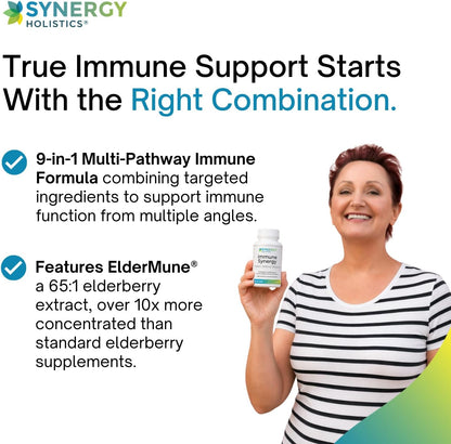 Woman holding a supplement bottle with Synergy Holistics branding and immune support message.