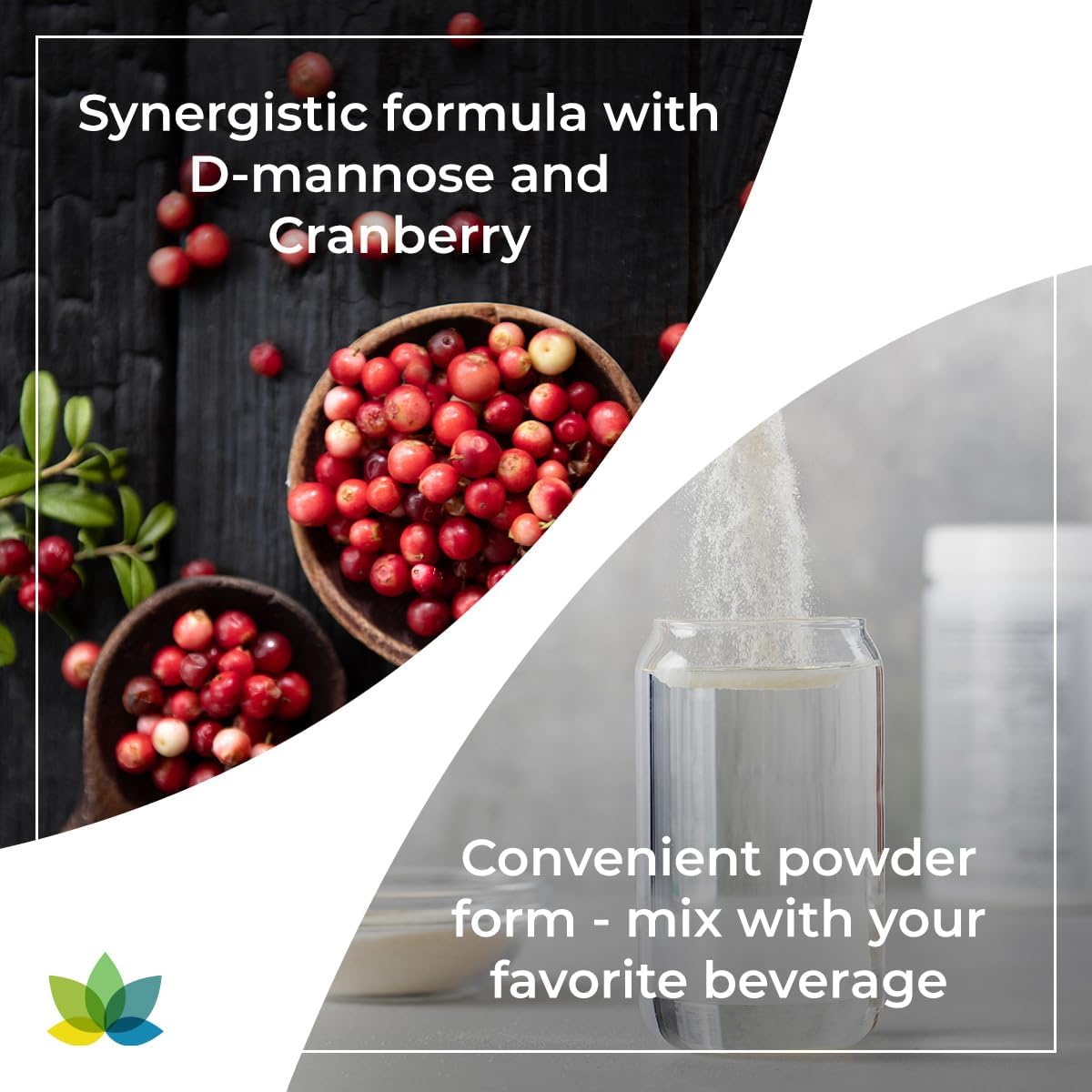 Product advertisement with D-mannose and cranberries, showing a powder being added to a glass of liquid.