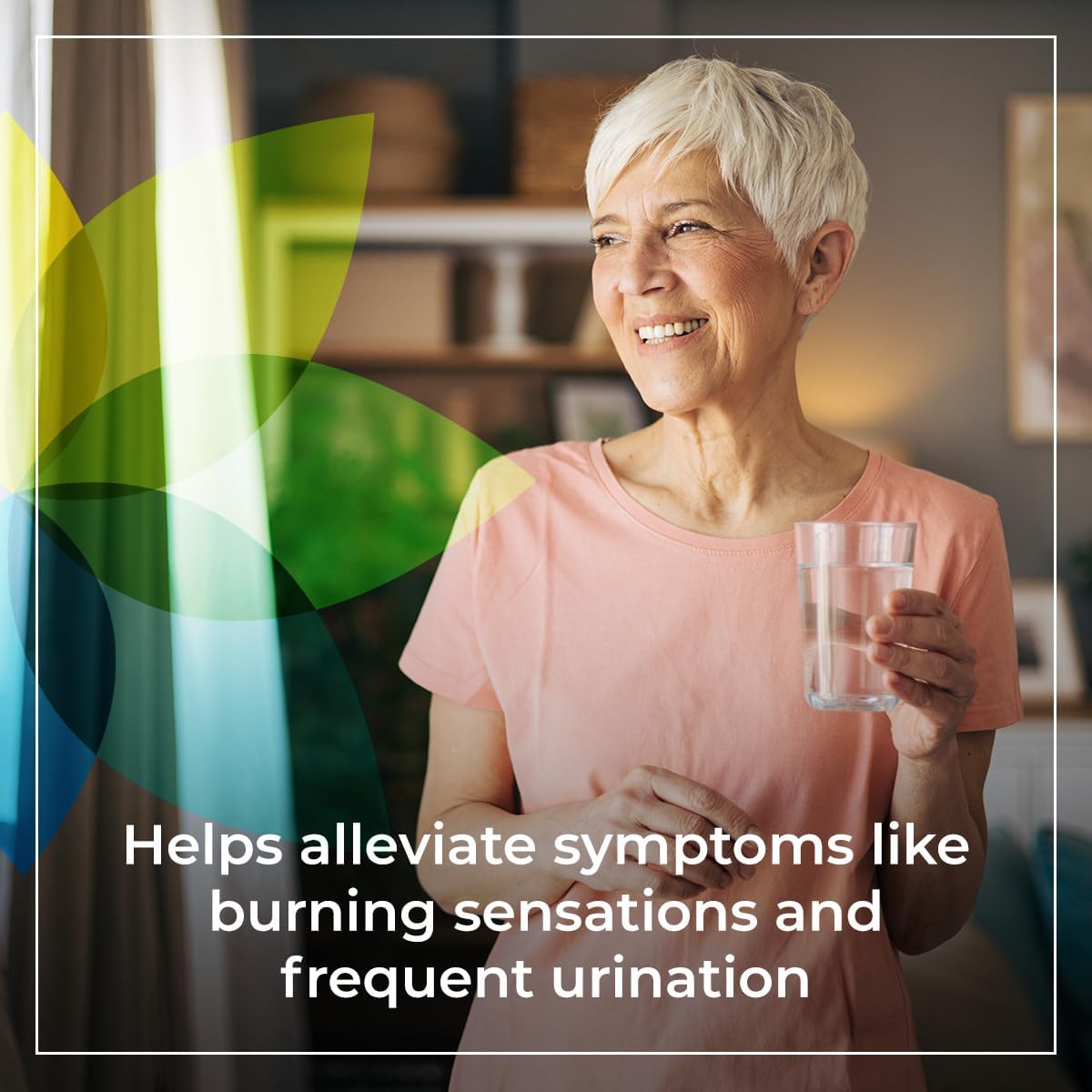 Woman holding a glass of water with text about UTI infection symptoms alleviation.