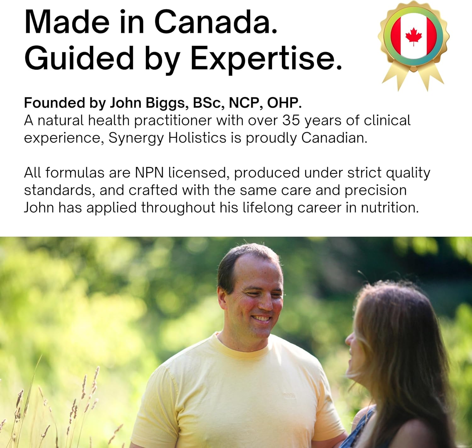Man and woman standing outdoors with promotional text about Synergy Holistics and John Biggs' expertise.
