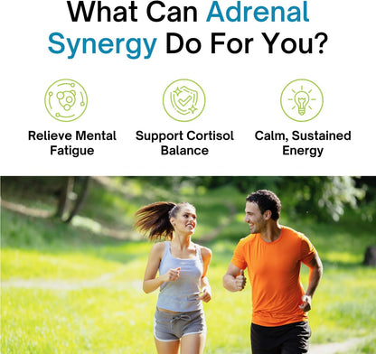 Advertisement for Adrenal Synergy with a couple running in a park, highlighting benefits like mental fatigue relief, cortisol balance support, and sustained energy.