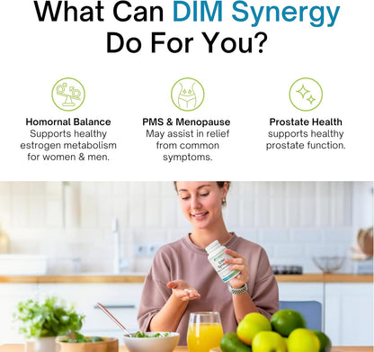 Woman in a kitchen holding a bottle of DIM Synergy supplement with text about its benefits.