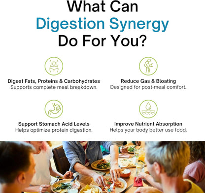 Promotional graphic about digestion synergy with icons and text on a white background, featuring people eating together.