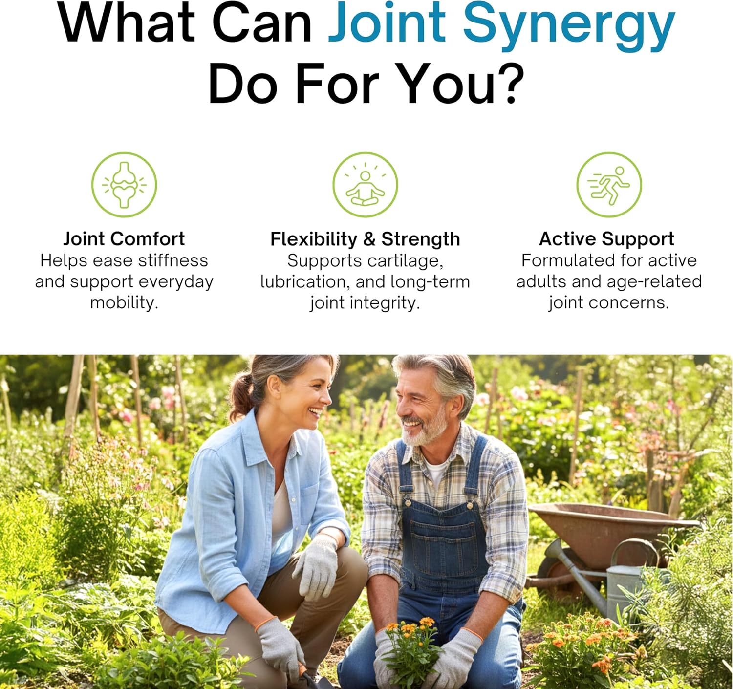 Advertisement for joint synergy product showing a couple gardening with text about its benefits.