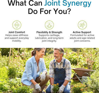 Advertisement for joint synergy product showing a couple gardening with text about its benefits.