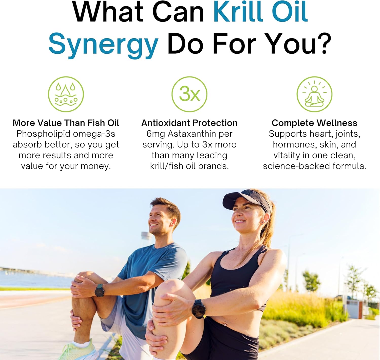 Two people stretching outdoors with text about krill oil synergy benefits.