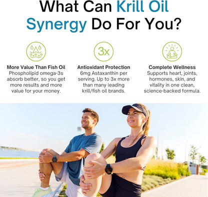 Two people stretching outdoors with text about krill oil synergy benefits.