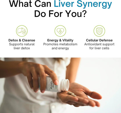 Promotional image for liver synergy products with text and a person holding a bottle.
