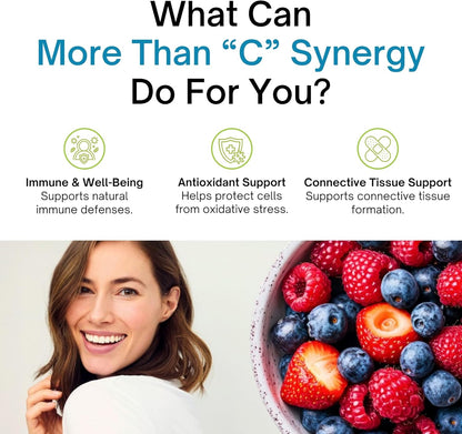 Promotional graphic about More Than 'C' Synergy benefits with a woman and bowl of berries.