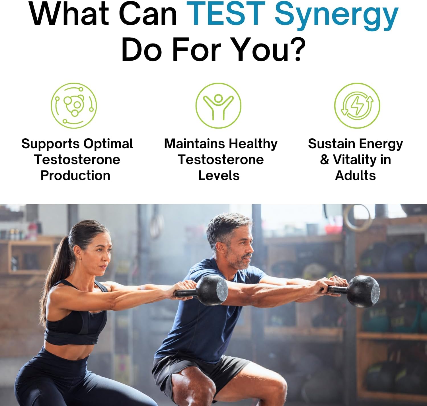 Two people exercising with dumbbells in a gym setting, promoting TEST Synergy's benefits.