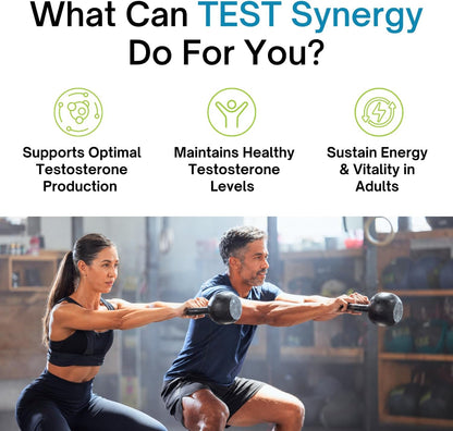 Two people exercising with dumbbells in a gym setting, promoting TEST Synergy's benefits.